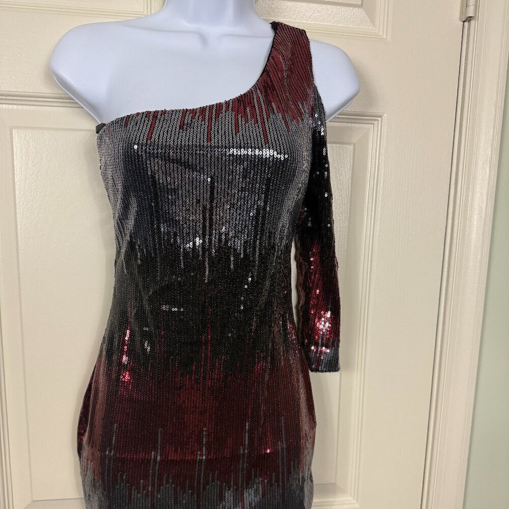 Frederick's of Hollywood One-Shoulder Sequin Dress Black Red XS New without tags